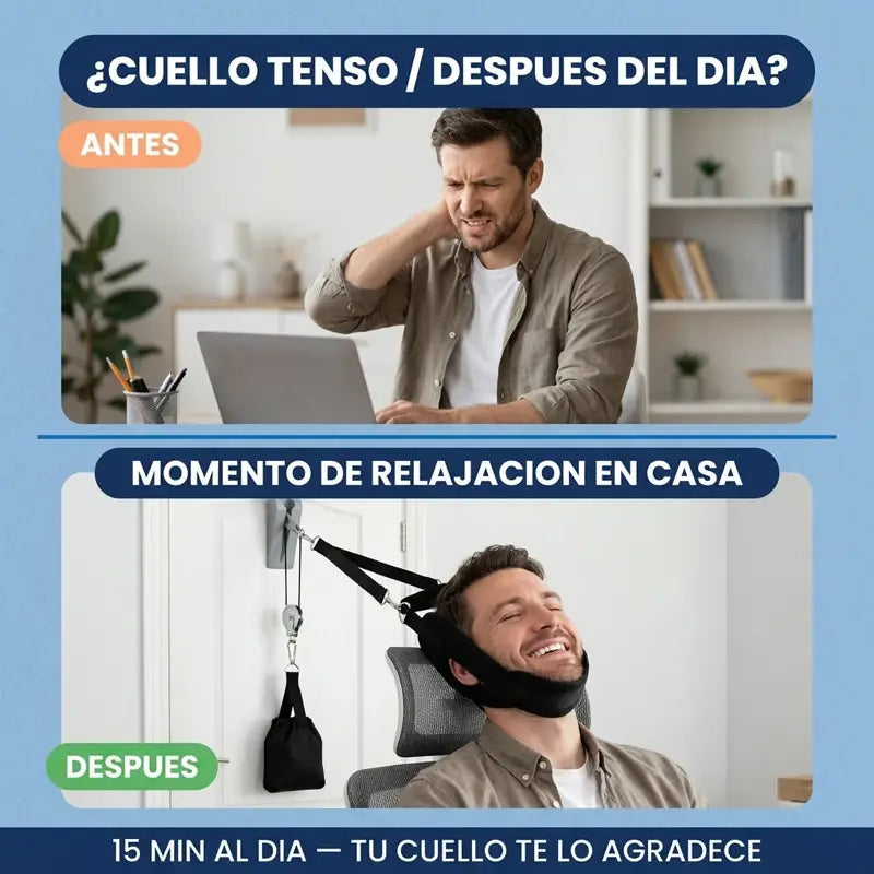 Cuello tenso después del día vs momento de relajación en casa: 15 minutos al día