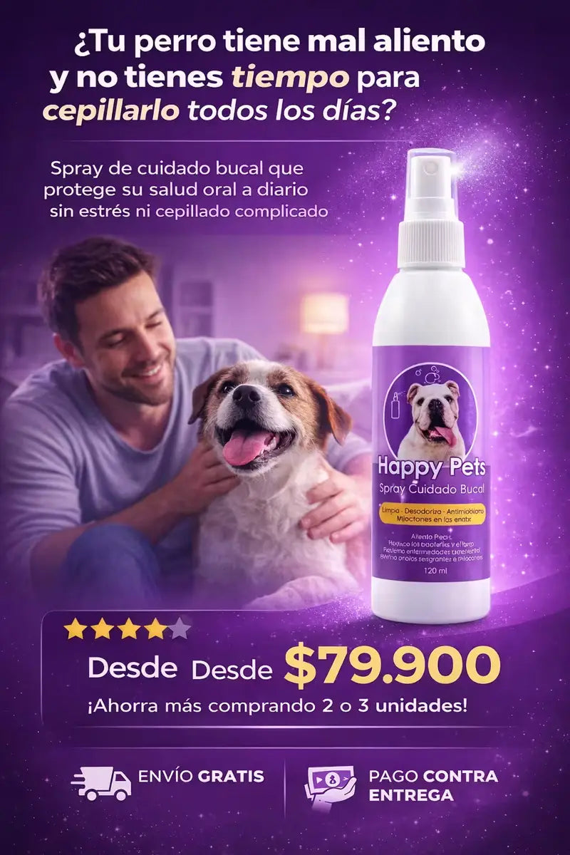 ¿Tu perro tiene mal aliento y no tienes tiempo para cepillarlo? Spray Happy Pets desde $79.900, envío gratis y pago contra entrega