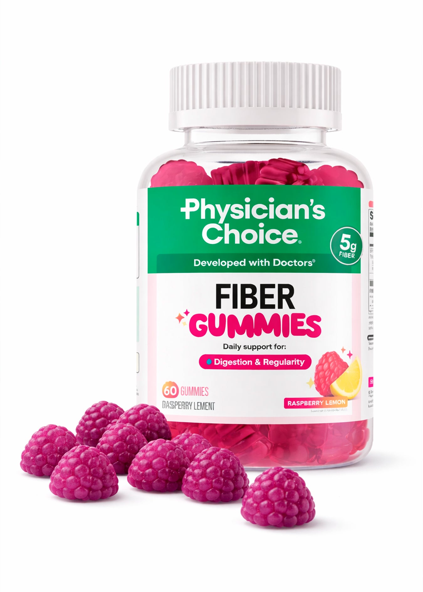 Fiber Gummies - frasco de 60 gomitas de fibra prebiótica sabor frambuesa-limón