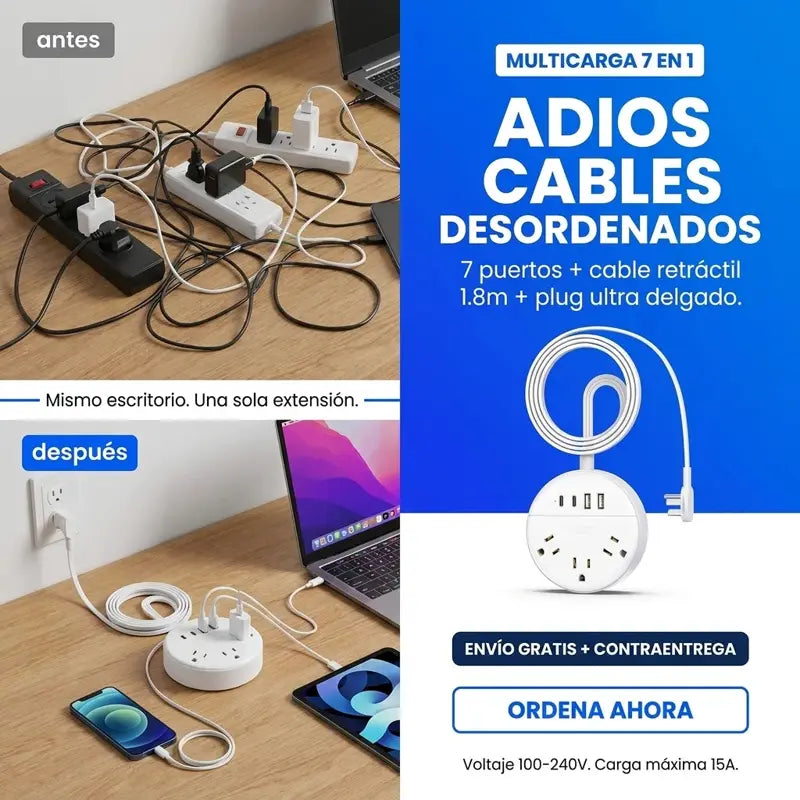 Antes y despues: adios cables desordenados, multicarga 7 en 1 con cable retractil