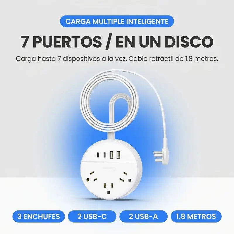 7 puertos en un disco: 3 enchufes, 2 USB-C, 2 USB-A, 1.8 metros