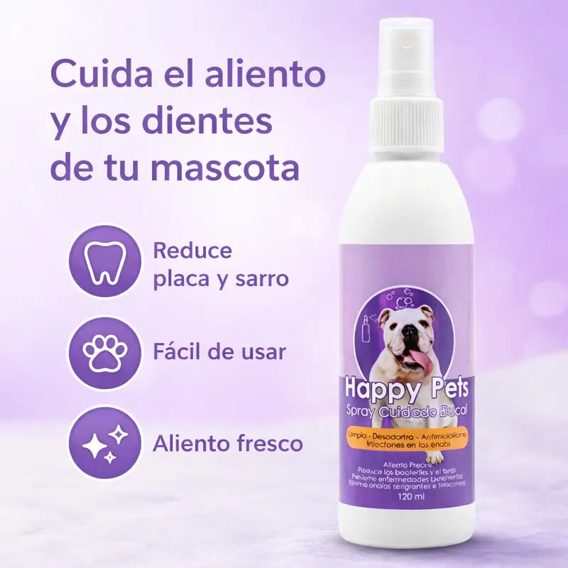 Happy Pets spray bucal para mascotas — cuida el aliento y los dientes: reduce placa y sarro, fácil de usar, aliento fresco