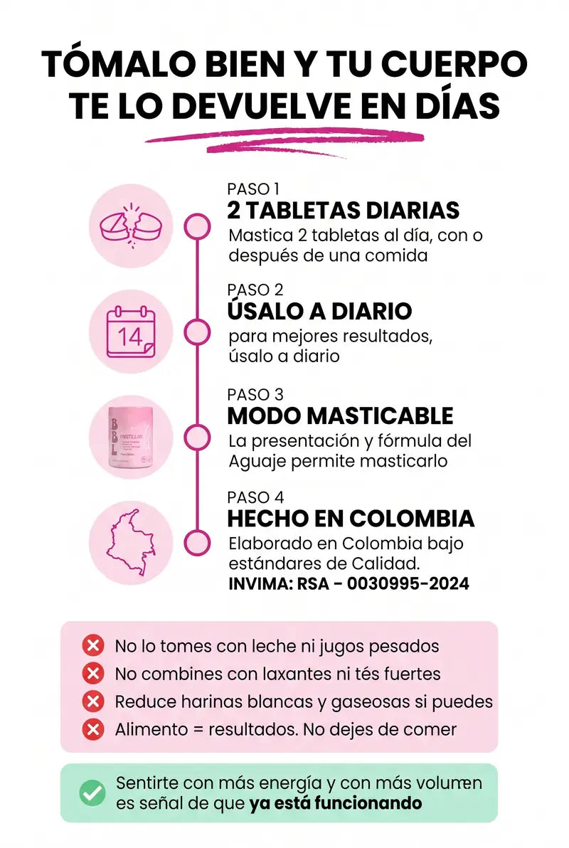 Tómalo bien y tu cuerpo te lo devuelve en días: 2 tabletas diarias, úsalo a diario, modo masticable, hecho en Colombia con registro INVIMA
