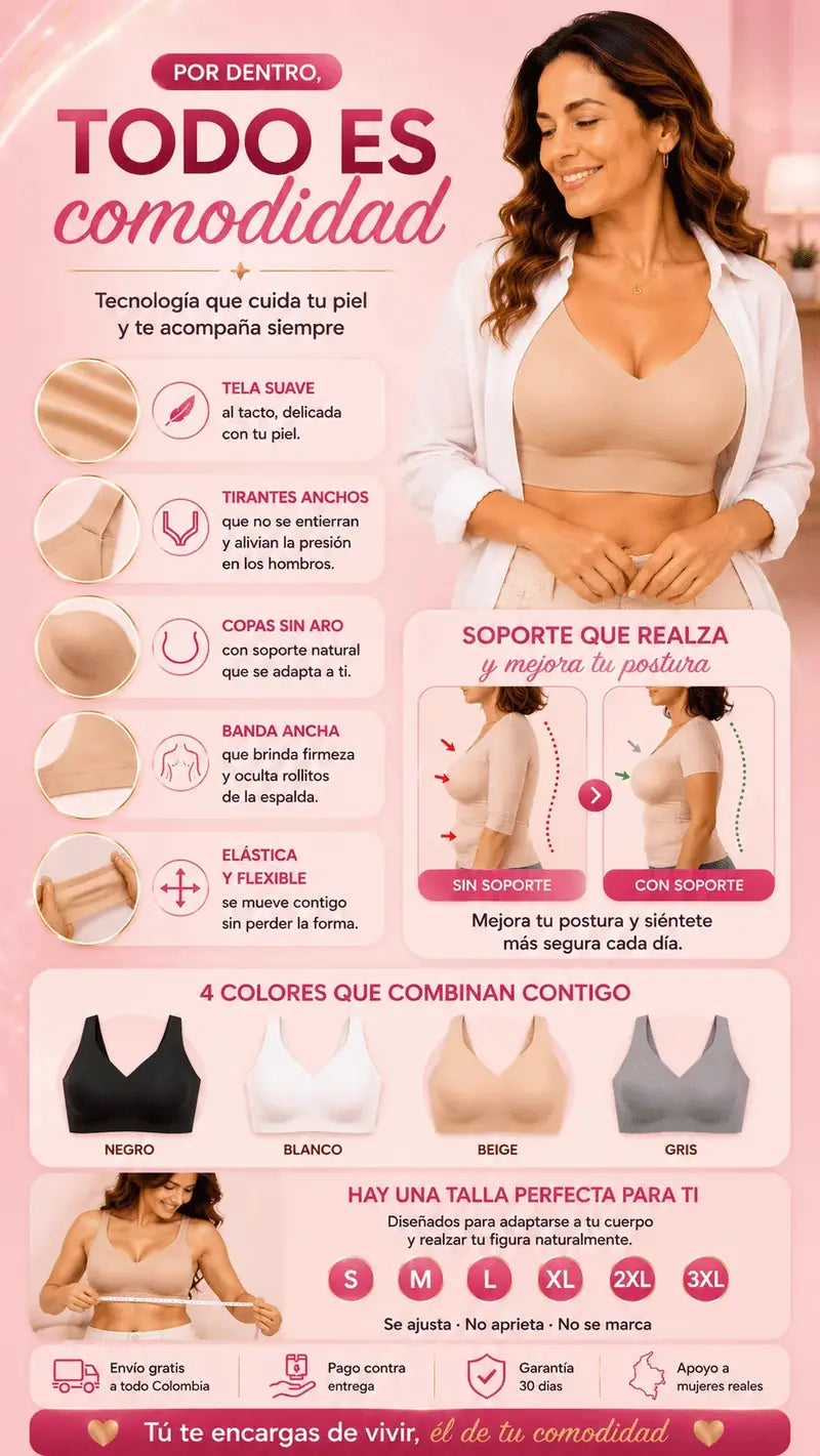 Tecnología que cuida tu piel: tela suave, tirantes anchos, copas sin aro, banda ancha; soporte que realza y mejora tu postura
