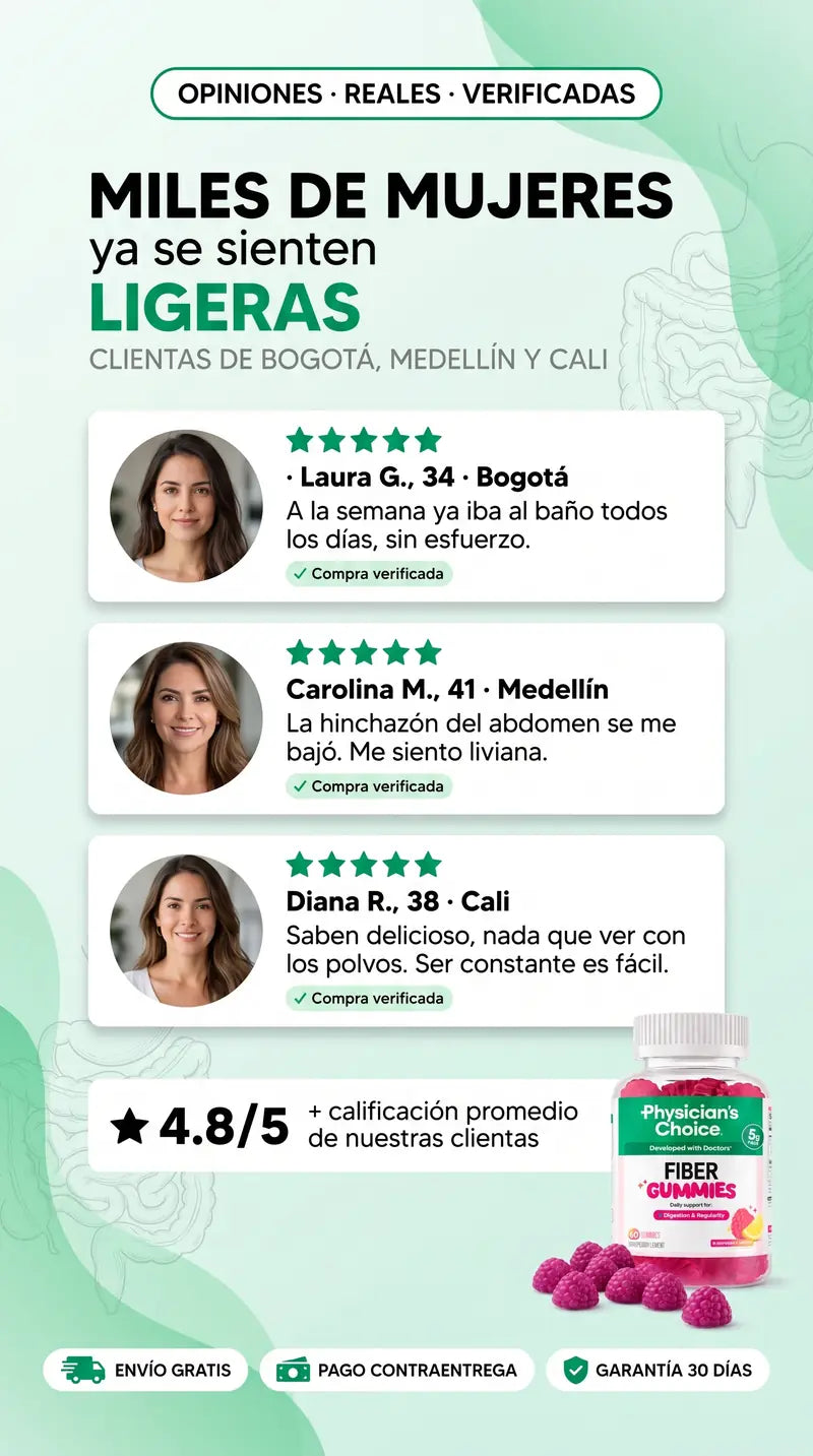Clientes verificados en Bogotá, Medellín y Cali recomiendan las Fiber Gummies con 5 estrellas