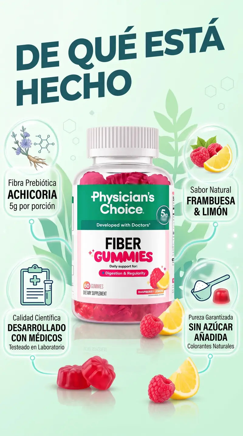 De qué está hecho: fibra prebiótica de achicoria con 5g por porción, sabor natural frambuesa y limón, desarrollado con médicos, sin azúcar añadida