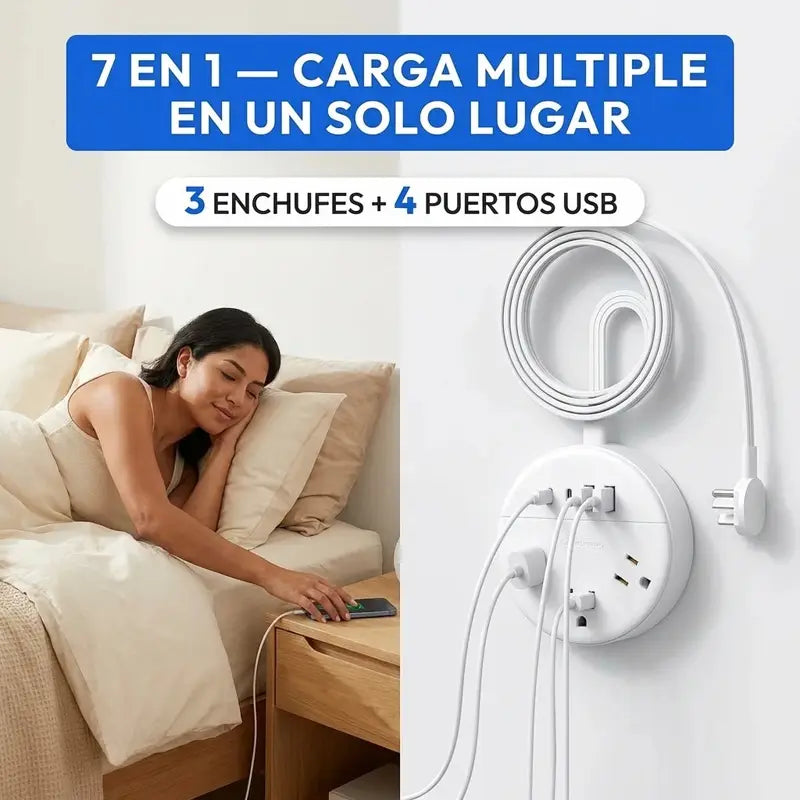 7 en 1: carga múltiple en un solo lugar, 3 enchufes y 4 puertos USB