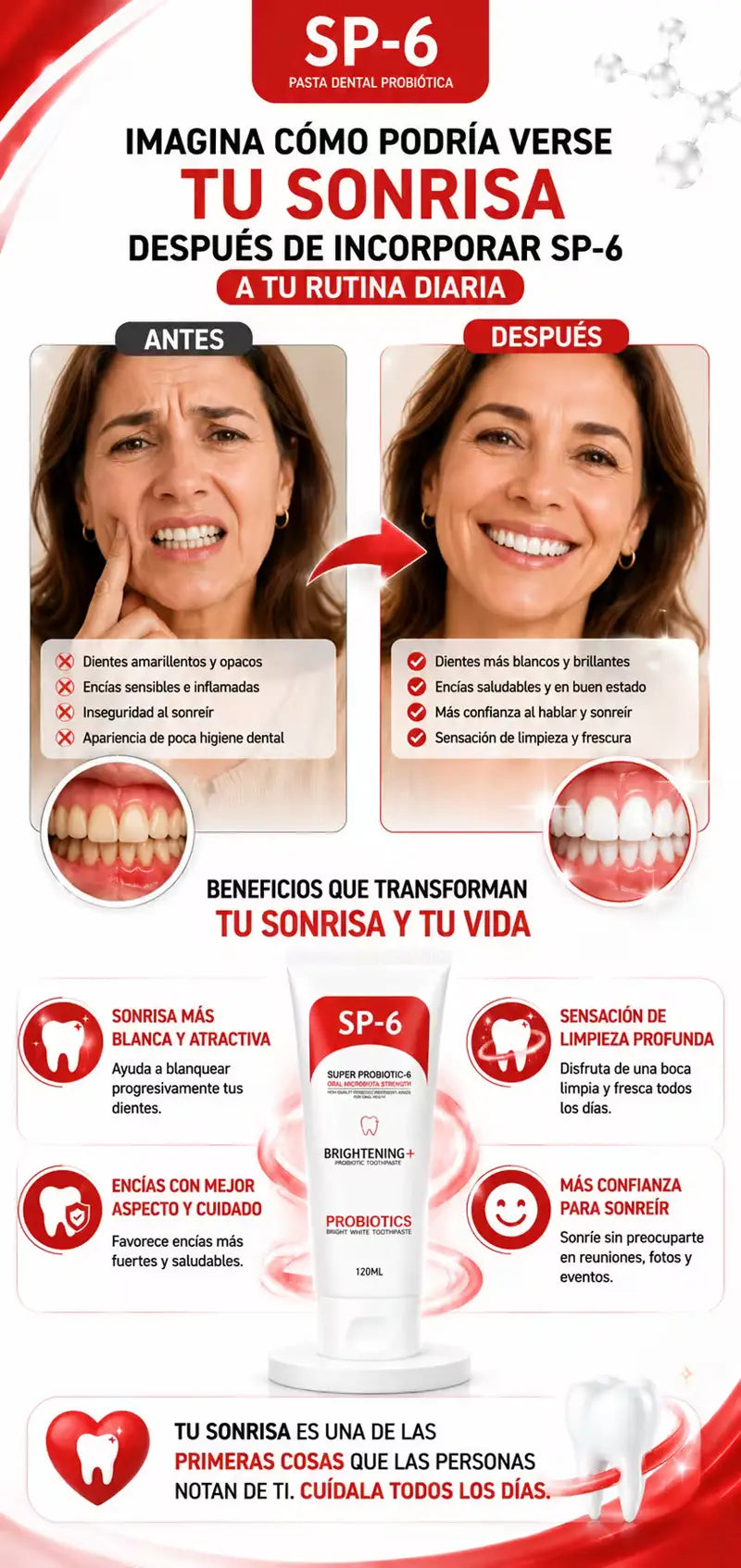 Antes y después de incorporar SP-6 a tu rutina diaria: dientes más blancos y encías saludables