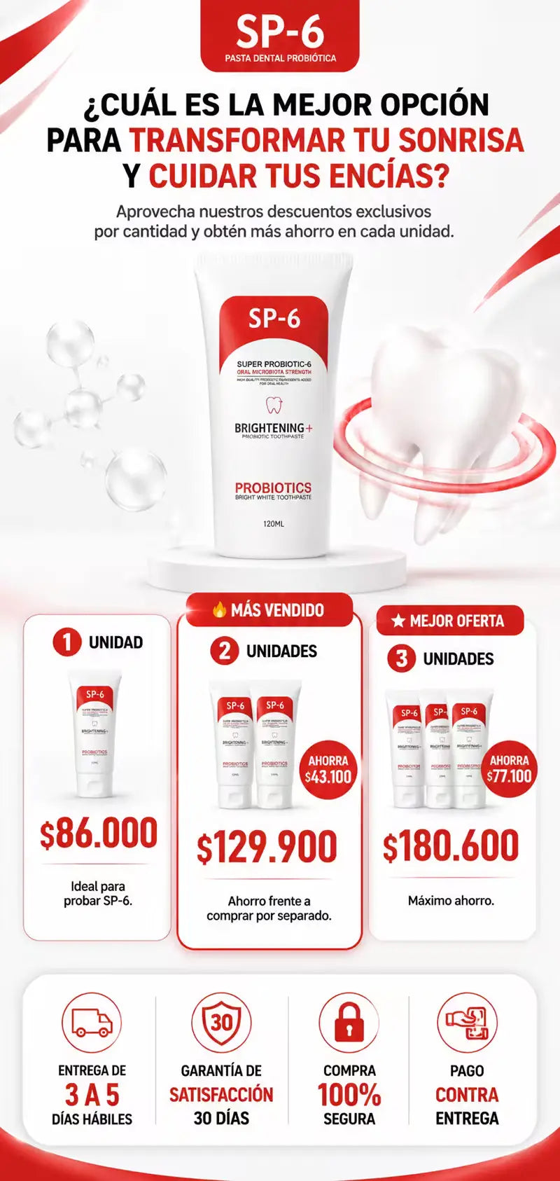Descuentos por cantidad: 1 unidad $86.000, 2 unidades $129.900, 3 unidades $180.600 — entrega 3 a 5 días, garantía 30 días, pago contra entrega